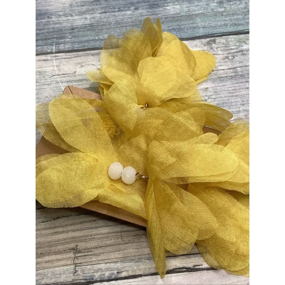 Yellow Breeze Flow Earrings Drop Dangle White Beads 3.5